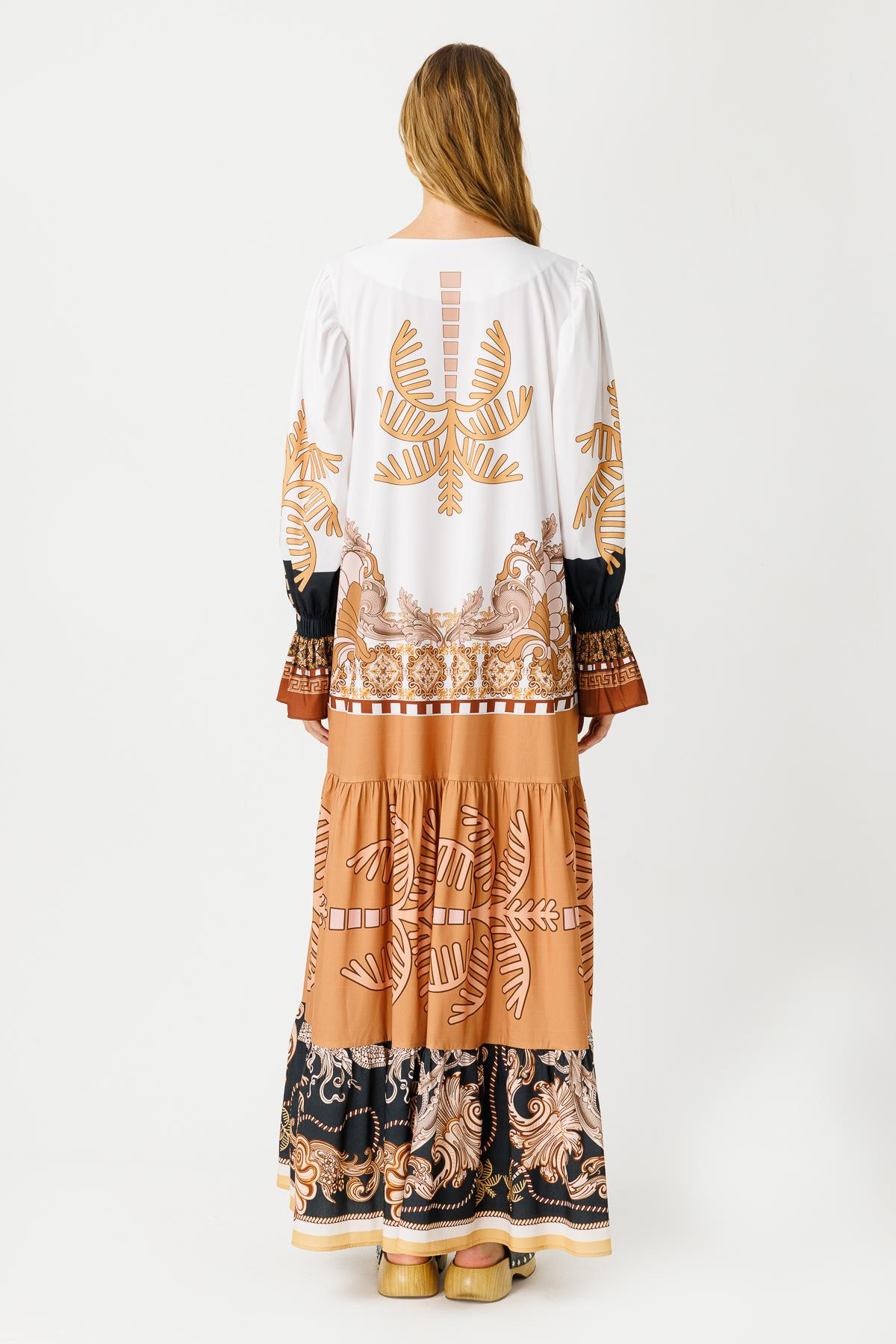 POPLİN PALMİYE OTANTİK DESEN KOL UCU LASTİKLİ UZUN ELBİSE