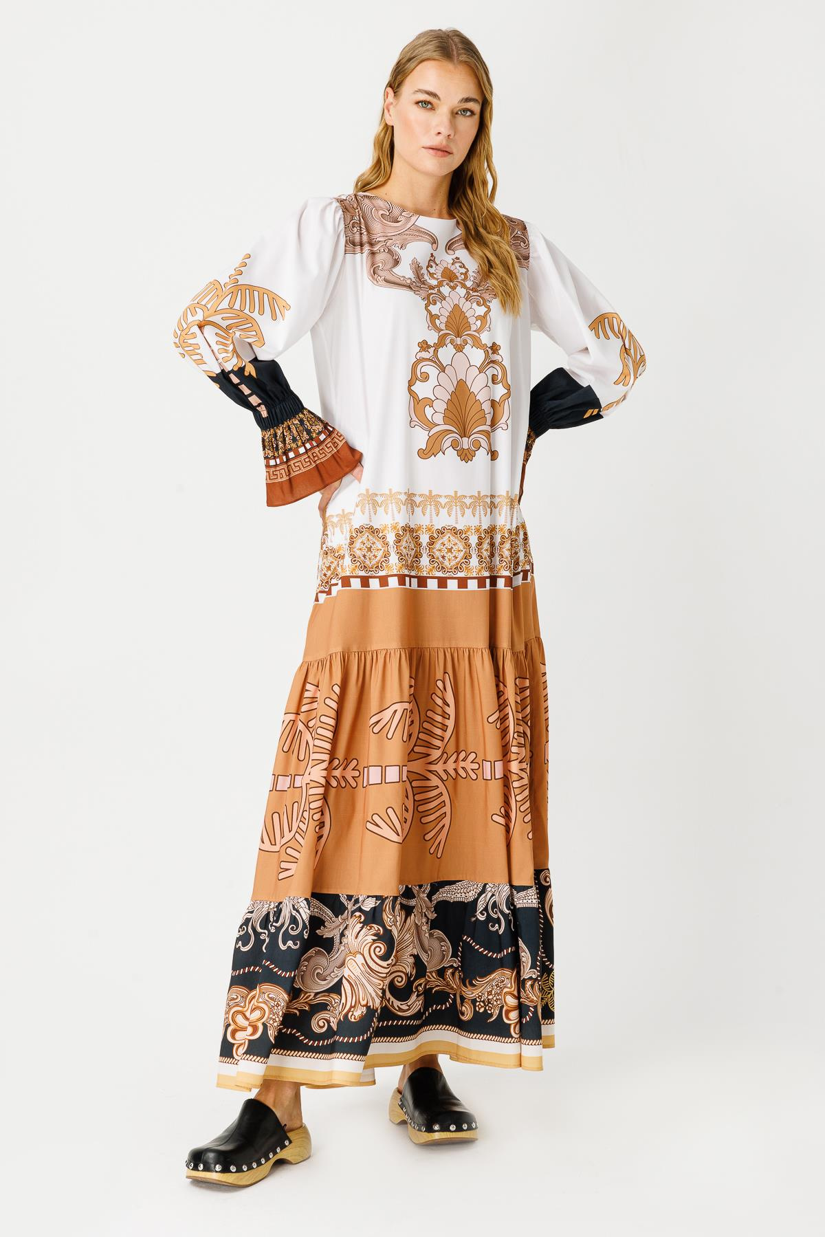 POPLİN PALMİYE OTANTİK DESEN KOL UCU LASTİKLİ UZUN ELBİSE