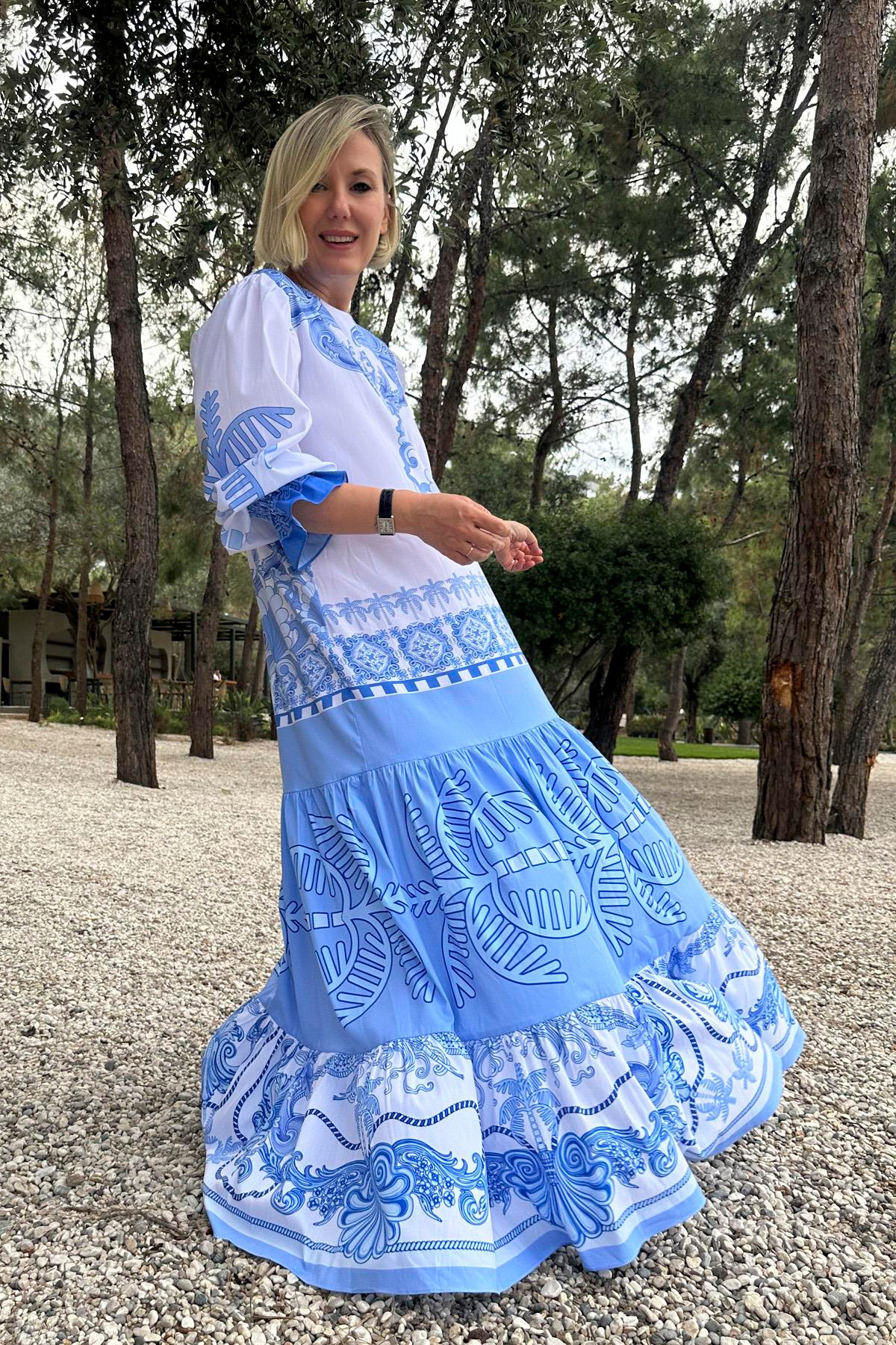 POPLİN PALMİYE OTANTİK DESEN KOL UCU LASTİKLİ UZUN ELBİSE