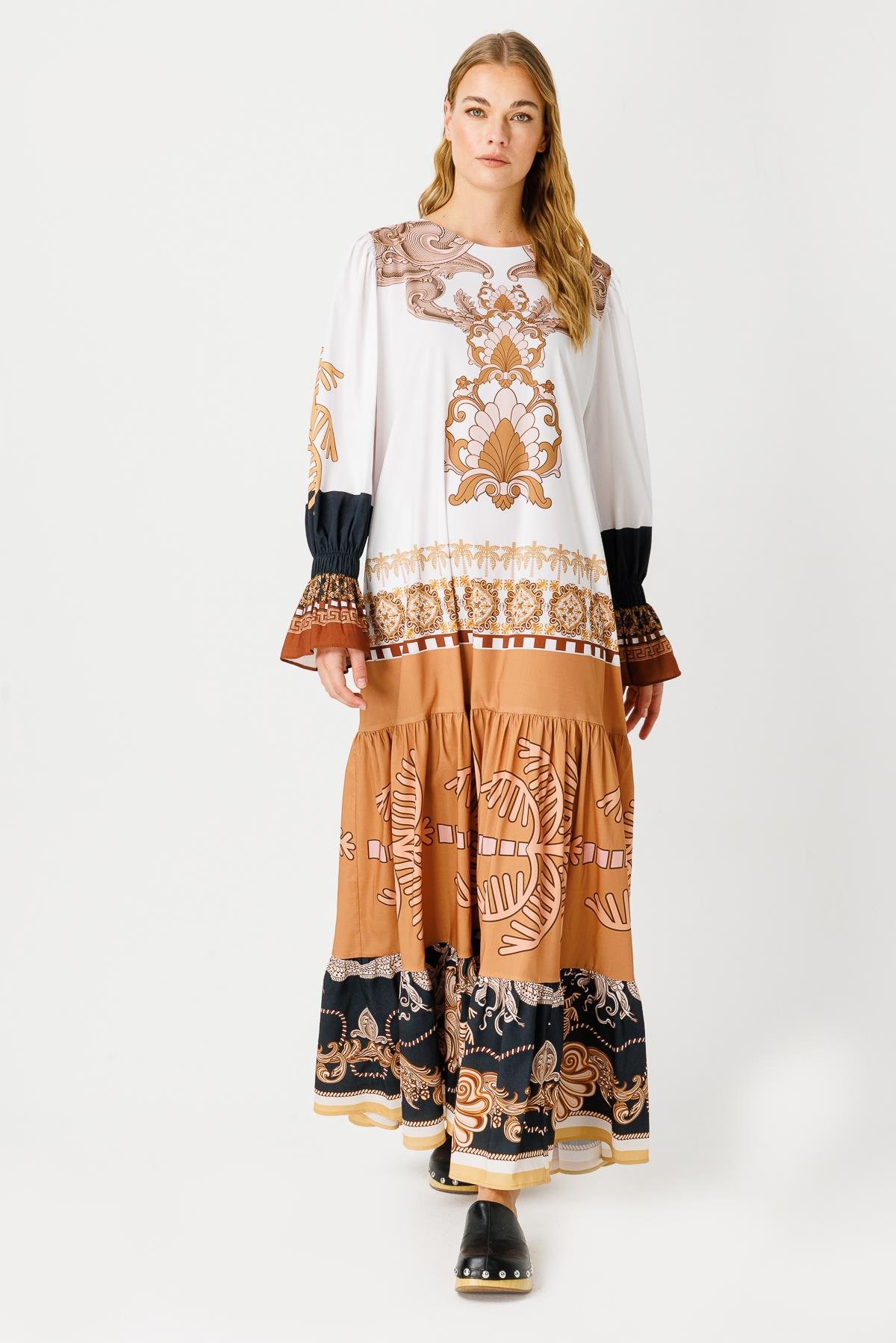 POPLİN PALMİYE OTANTİK DESEN KOL UCU LASTİKLİ UZUN ELBİSE