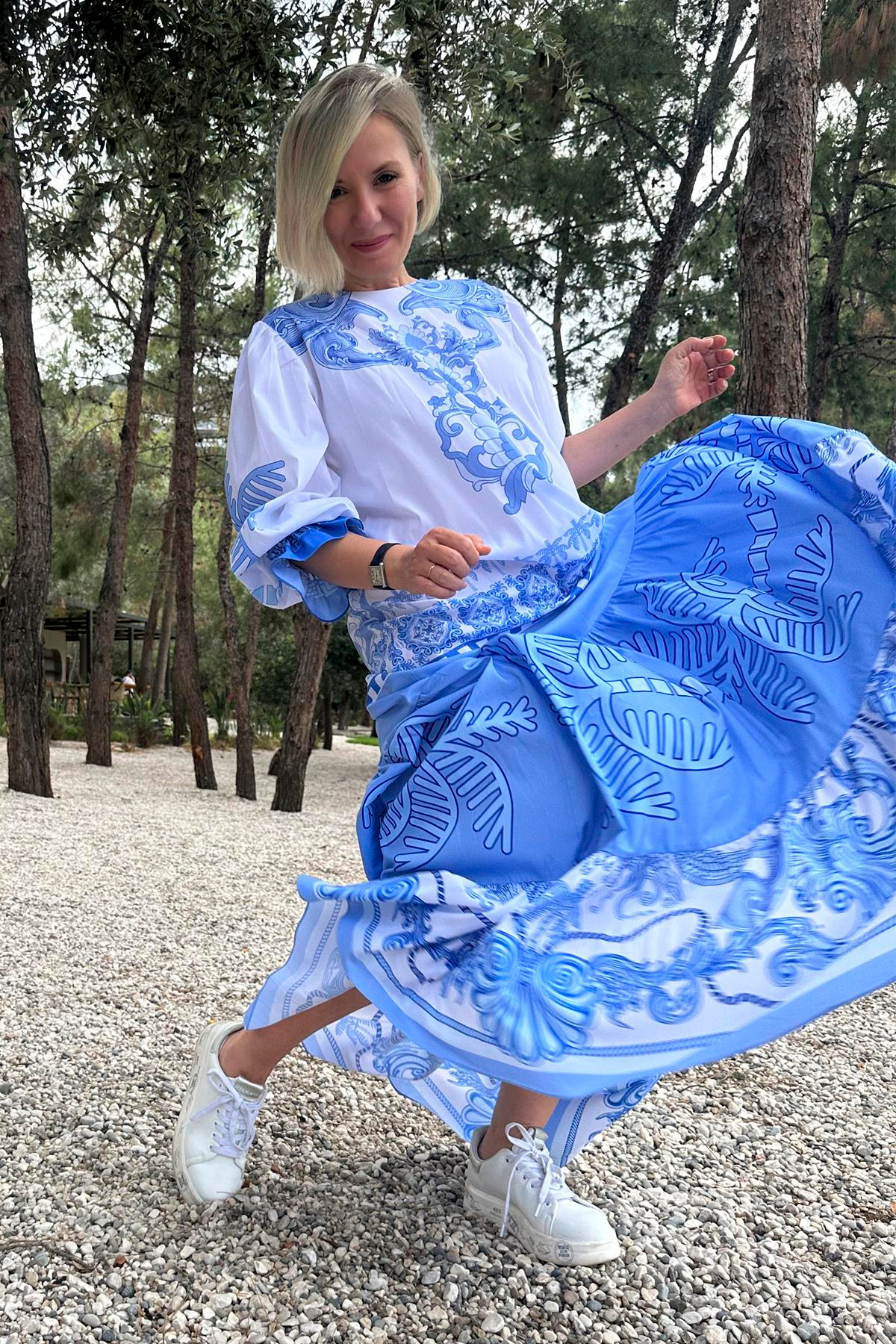 POPLİN PALMİYE OTANTİK DESEN KOL UCU LASTİKLİ UZUN ELBİSE