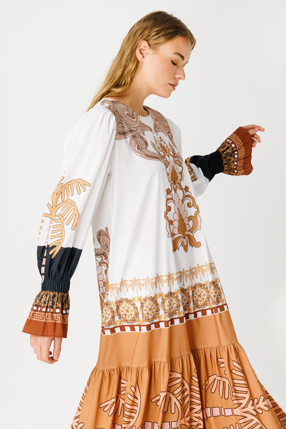 POPLİN PALMİYE OTANTİK DESEN KOL UCU LASTİKLİ UZUN ELBİSE