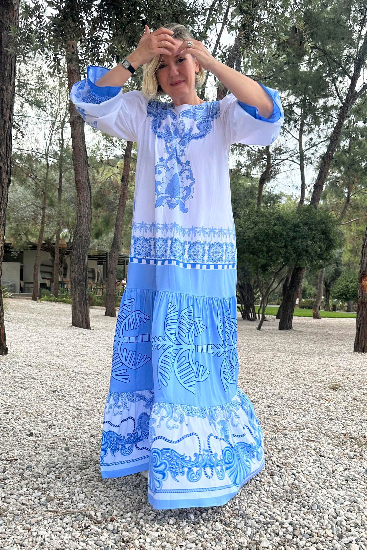 POPLİN PALMİYE OTANTİK DESEN KOL UCU LASTİKLİ UZUN ELBİSE