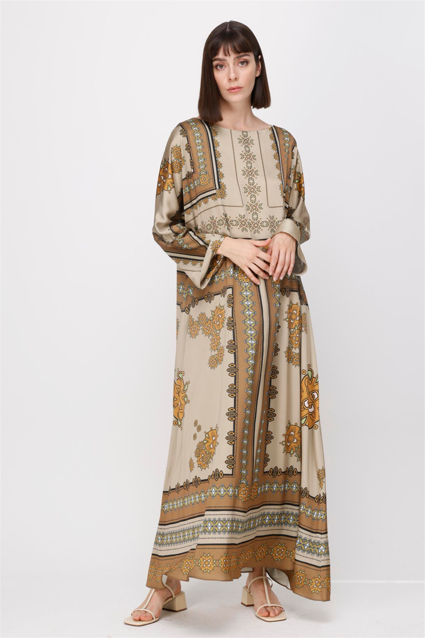 SATEN KUMAŞ EŞARP PANO DESEN BASKI UZUN ELBİSE