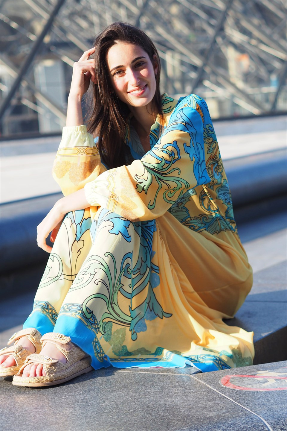 SATEN LAPİS ÇİÇEK KONTÜR BASKI YAKALI ELBİSE