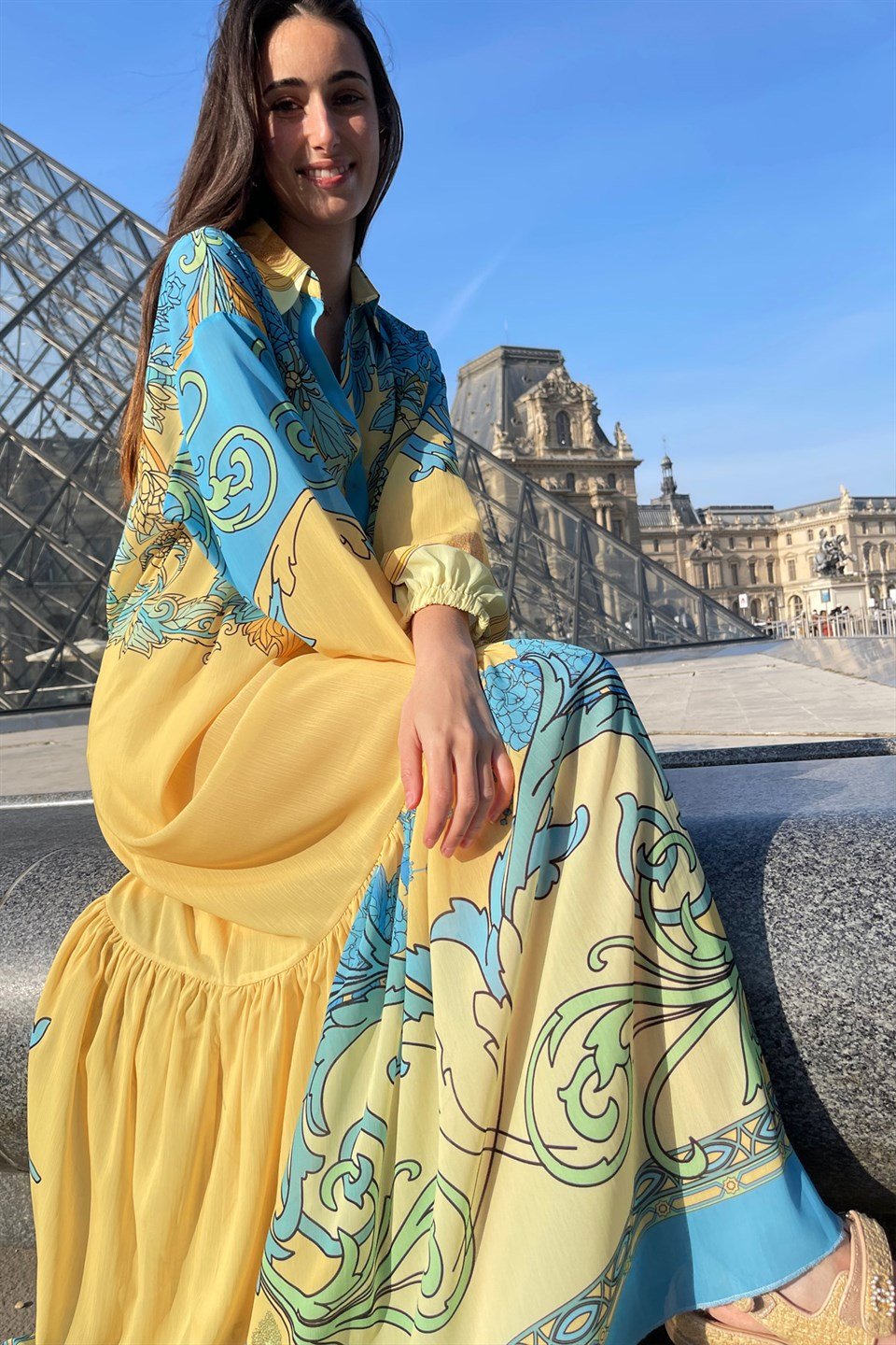 SATEN LAPİS ÇİÇEK KONTÜR BASKI YAKALI ELBİSE