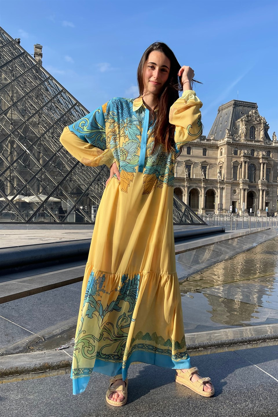 SATEN LAPİS ÇİÇEK KONTÜR BASKI YAKALI ELBİSE