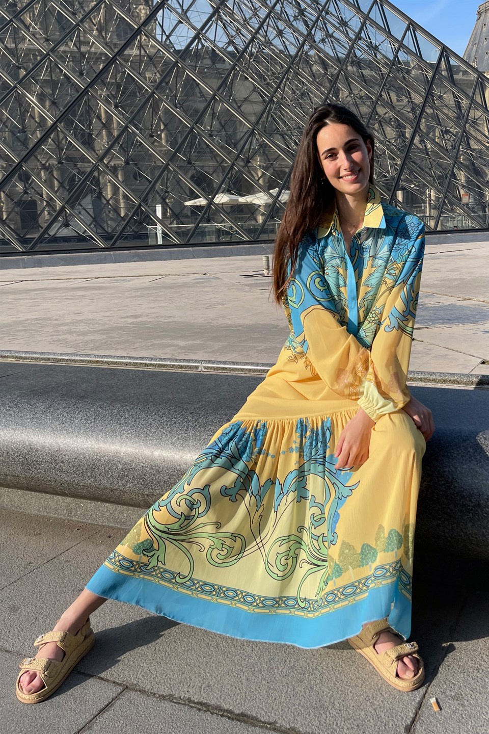 SATEN LAPİS ÇİÇEK KONTÜR BASKI YAKALI ELBİSE