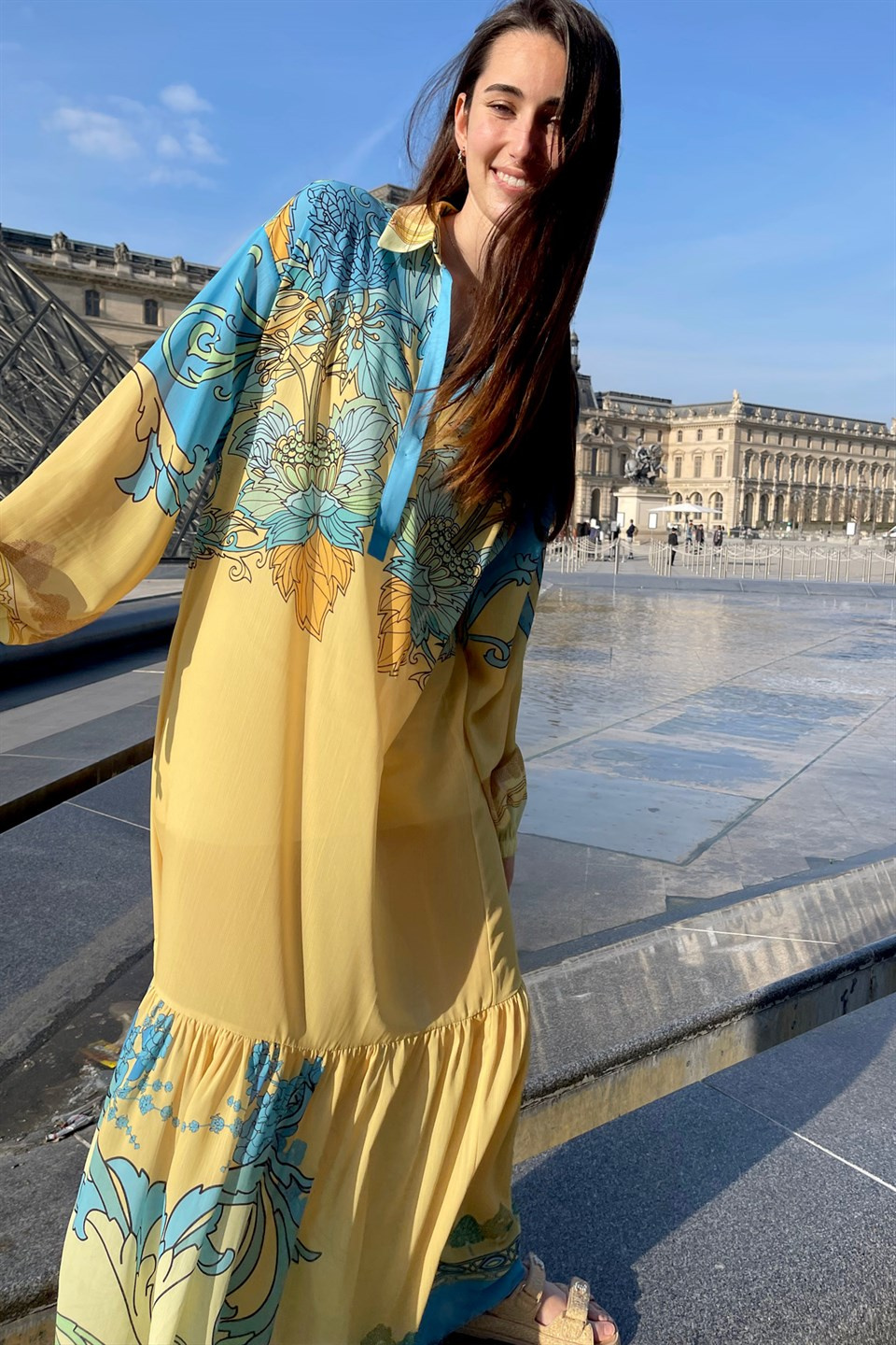 SATEN LAPİS ÇİÇEK KONTÜR BASKI YAKALI ELBİSE