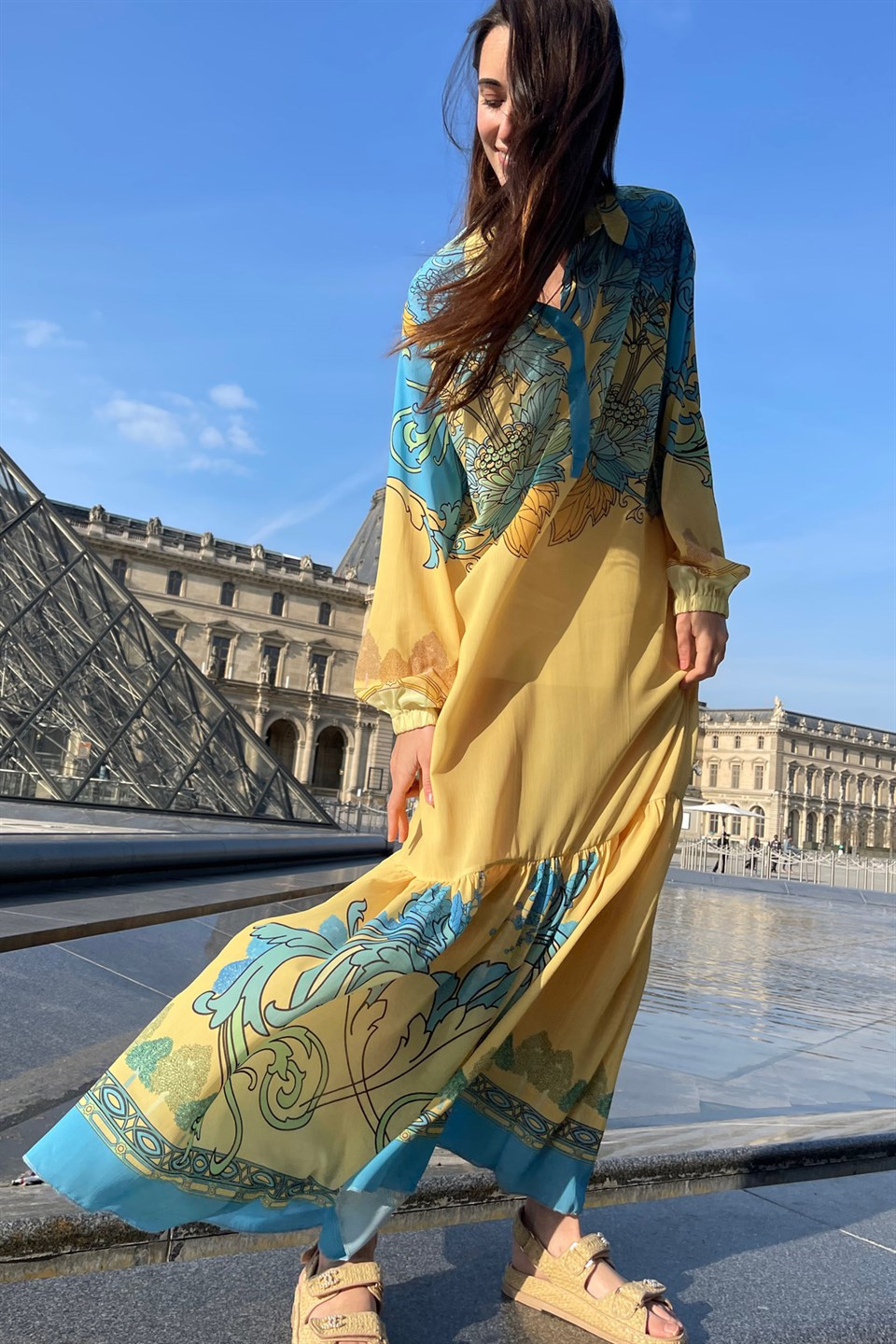 SATEN LAPİS ÇİÇEK KONTÜR BASKI YAKALI ELBİSE