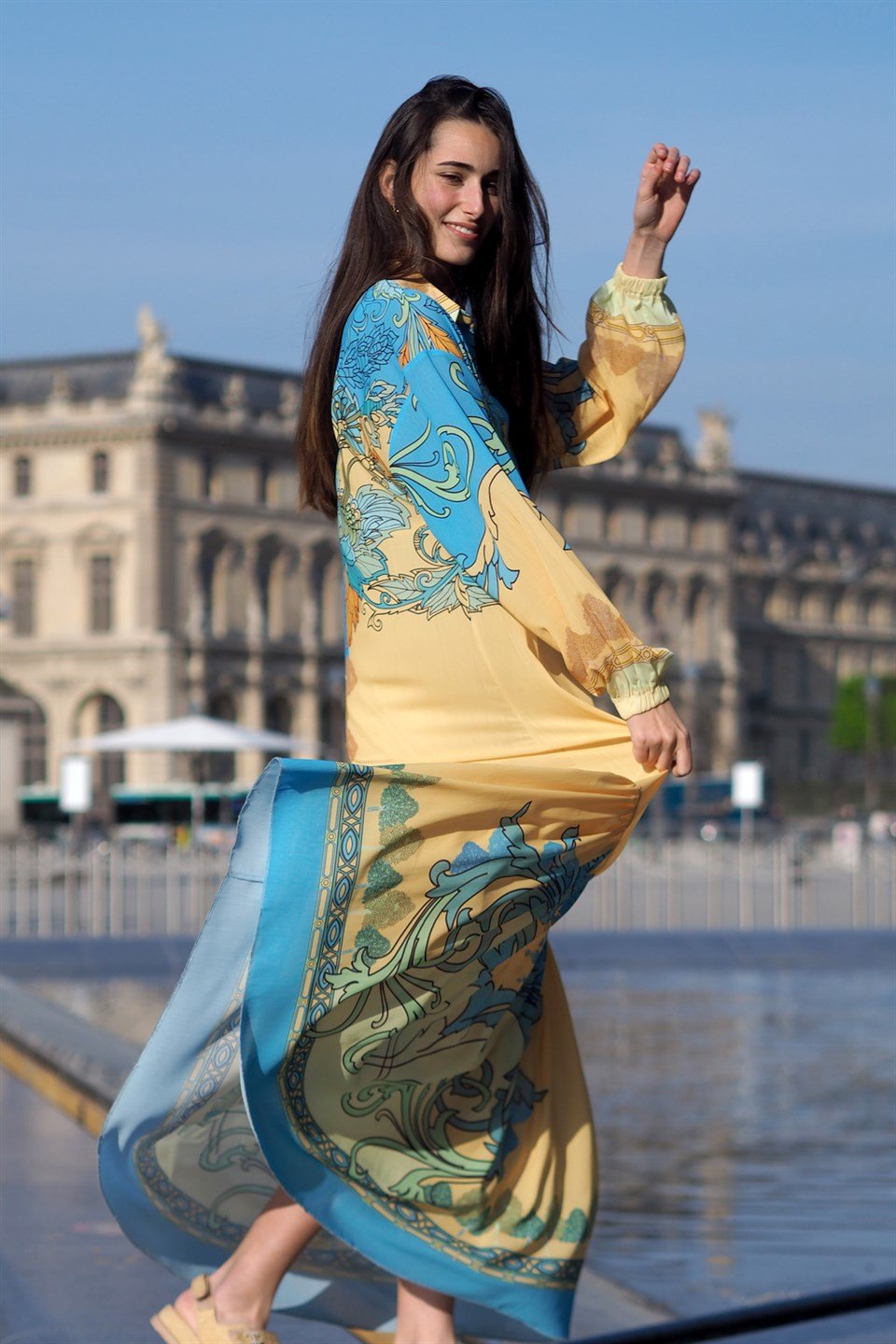 SATEN LAPİS ÇİÇEK KONTÜR BASKI YAKALI ELBİSE