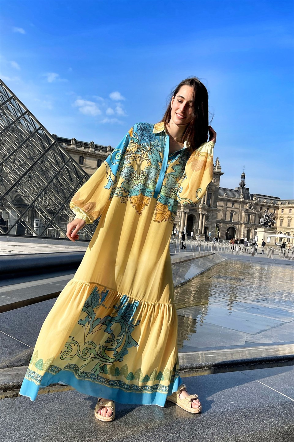 SATEN LAPİS ÇİÇEK KONTÜR BASKI YAKALI ELBİSE