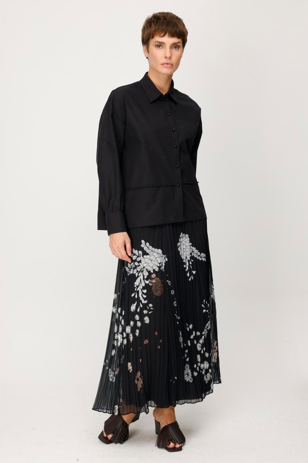 ŞİFON EL ÇİZİMİ YAPRAK DESEN KROŞKİ PLİSELİ ETEK