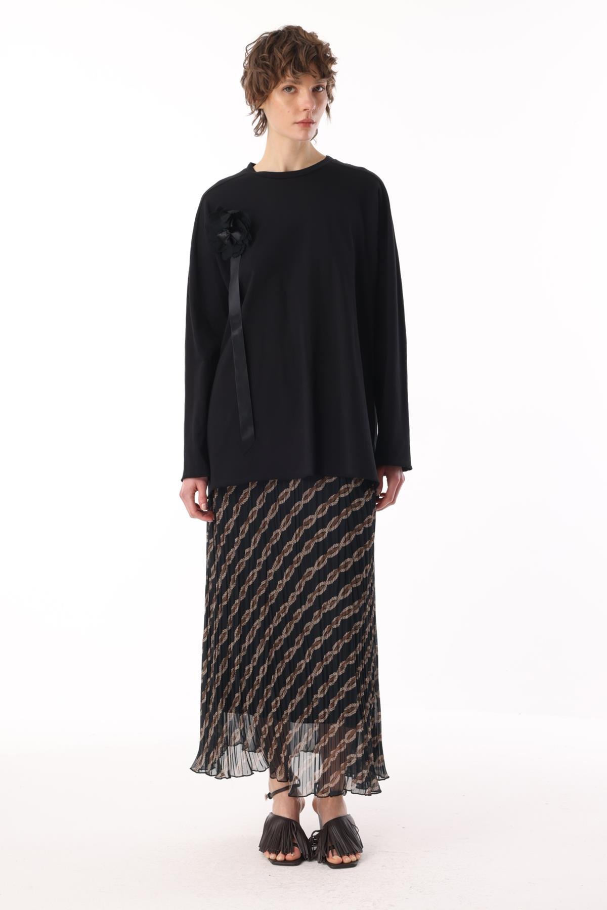 ŞİFON KROŞKİ BLOK DÖRTGEN DESENLİ PLİSELİ ETEK