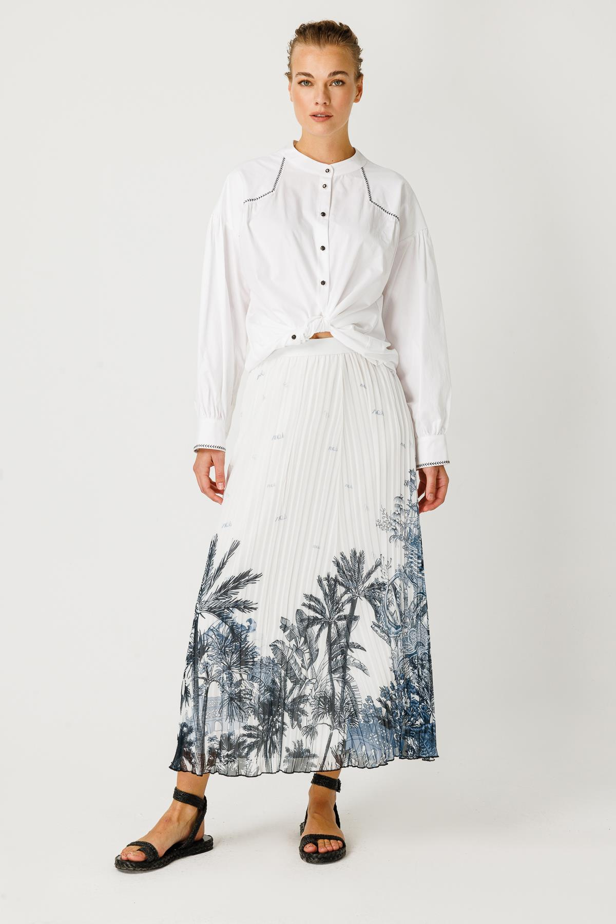 ŞİFON PALMİYE DESENLİ KROŞKİ PLİSELİ ETEK