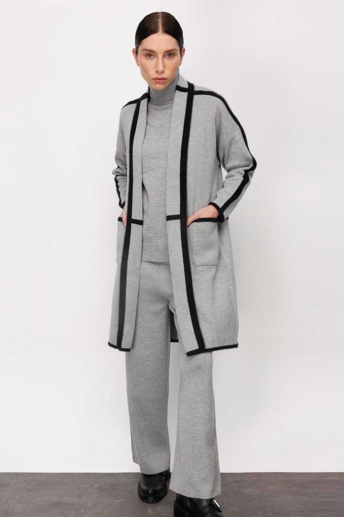 TAKIM/ KONRAST BİYELİ TRİKO PANTOLON VE HIRKA SİYAH