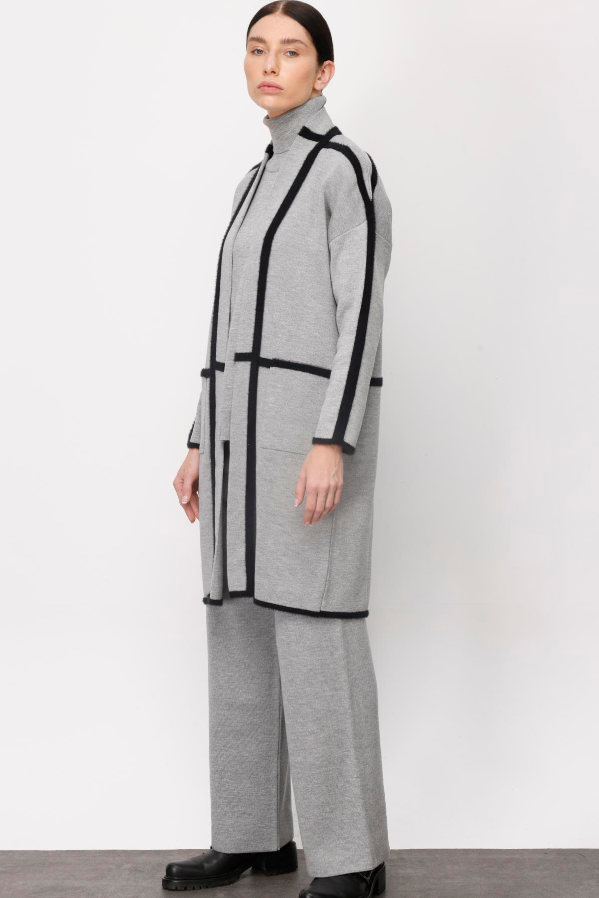 TAKIM/ KONRAST BİYELİ TRİKO PANTOLON VE HIRKA SİYAH