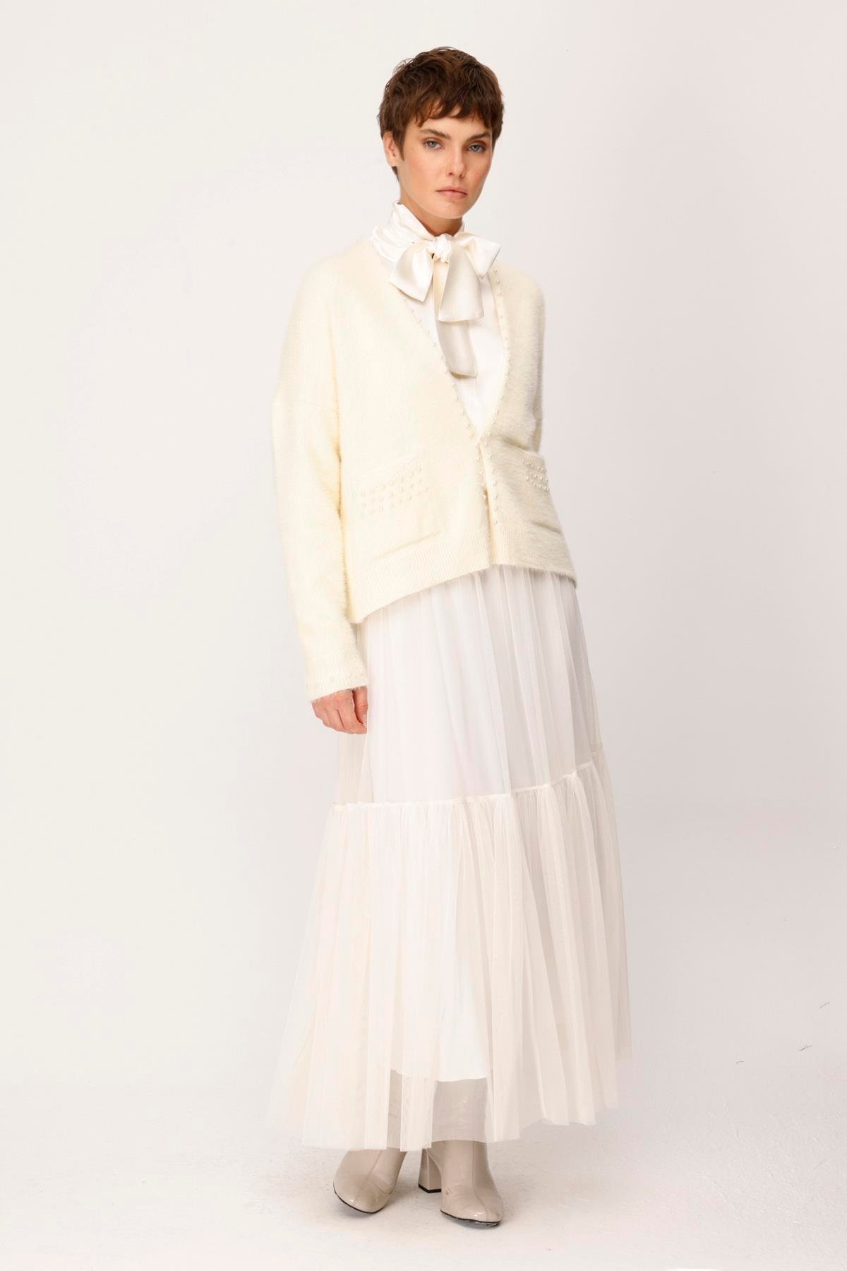 TRİKO ANGORA CEPLERİ İNCİLİ KISA HIRKA