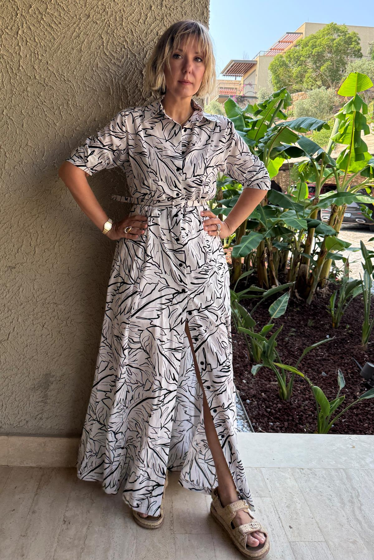 KETEN İLİKLİ BİYELİ ÜÇKATLI YANDAN CEPLİ ELBİSE