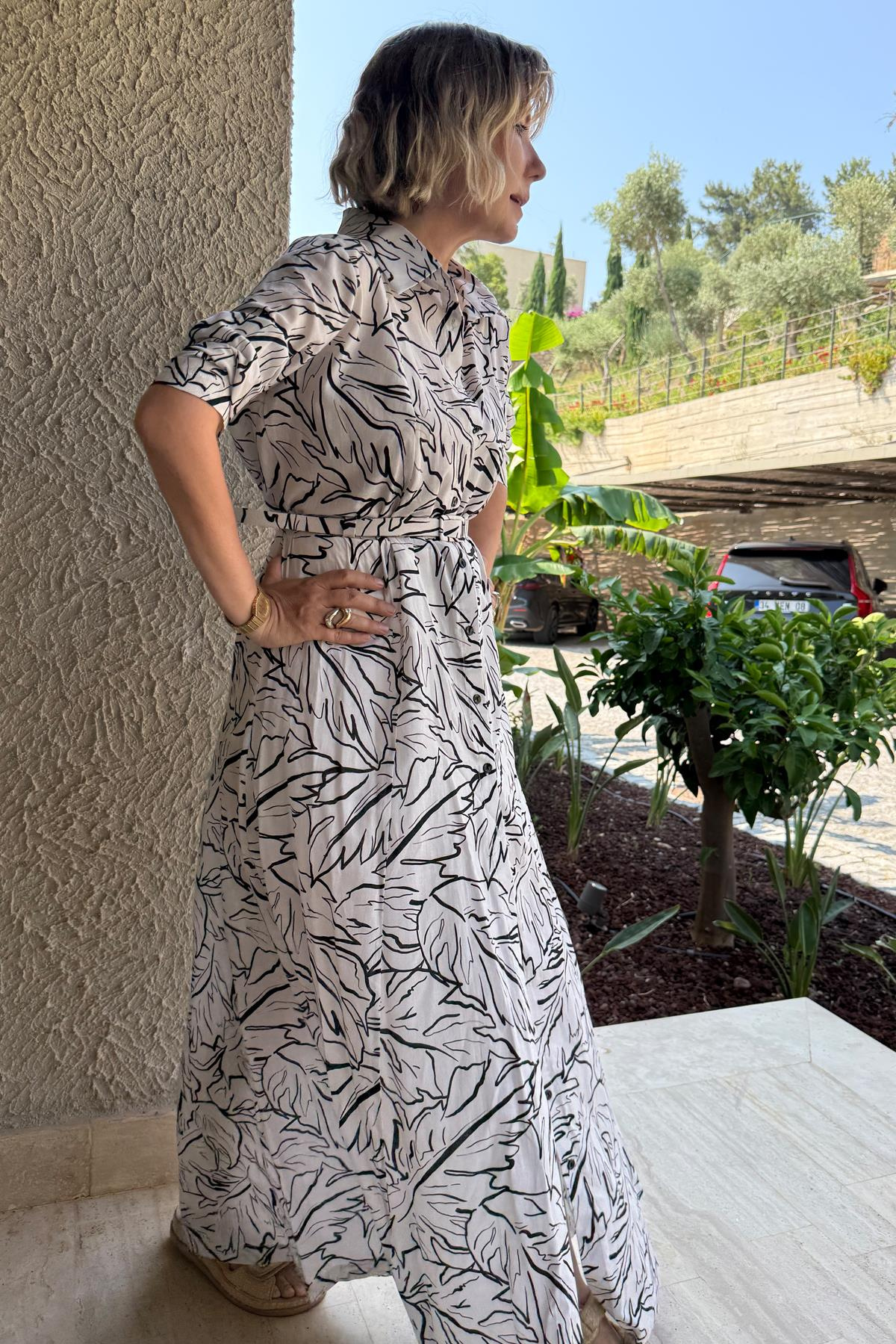 KETEN İLİKLİ BİYELİ ÜÇKATLI YANDAN CEPLİ ELBİSE