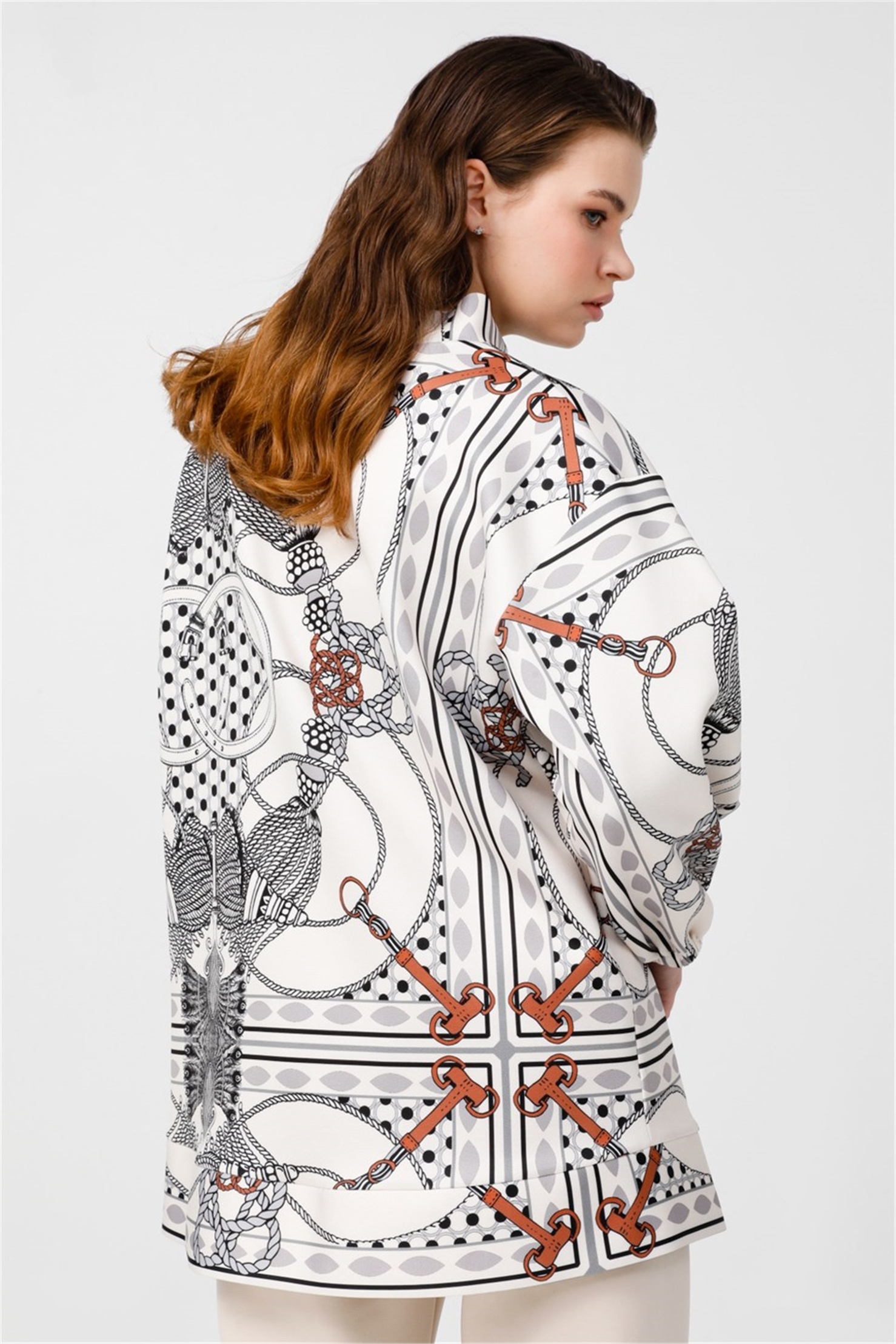 FAN SCARF PRINT LAPEL COLLAR TUNIC