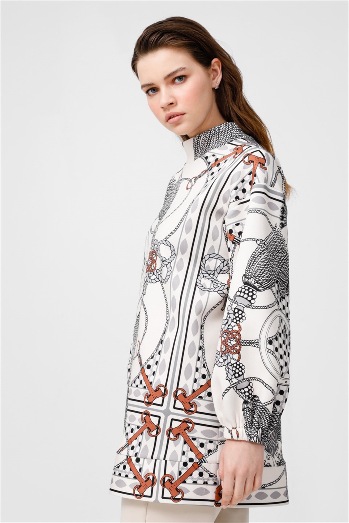 FAN SCARF PRINT LAPEL COLLAR TUNIC