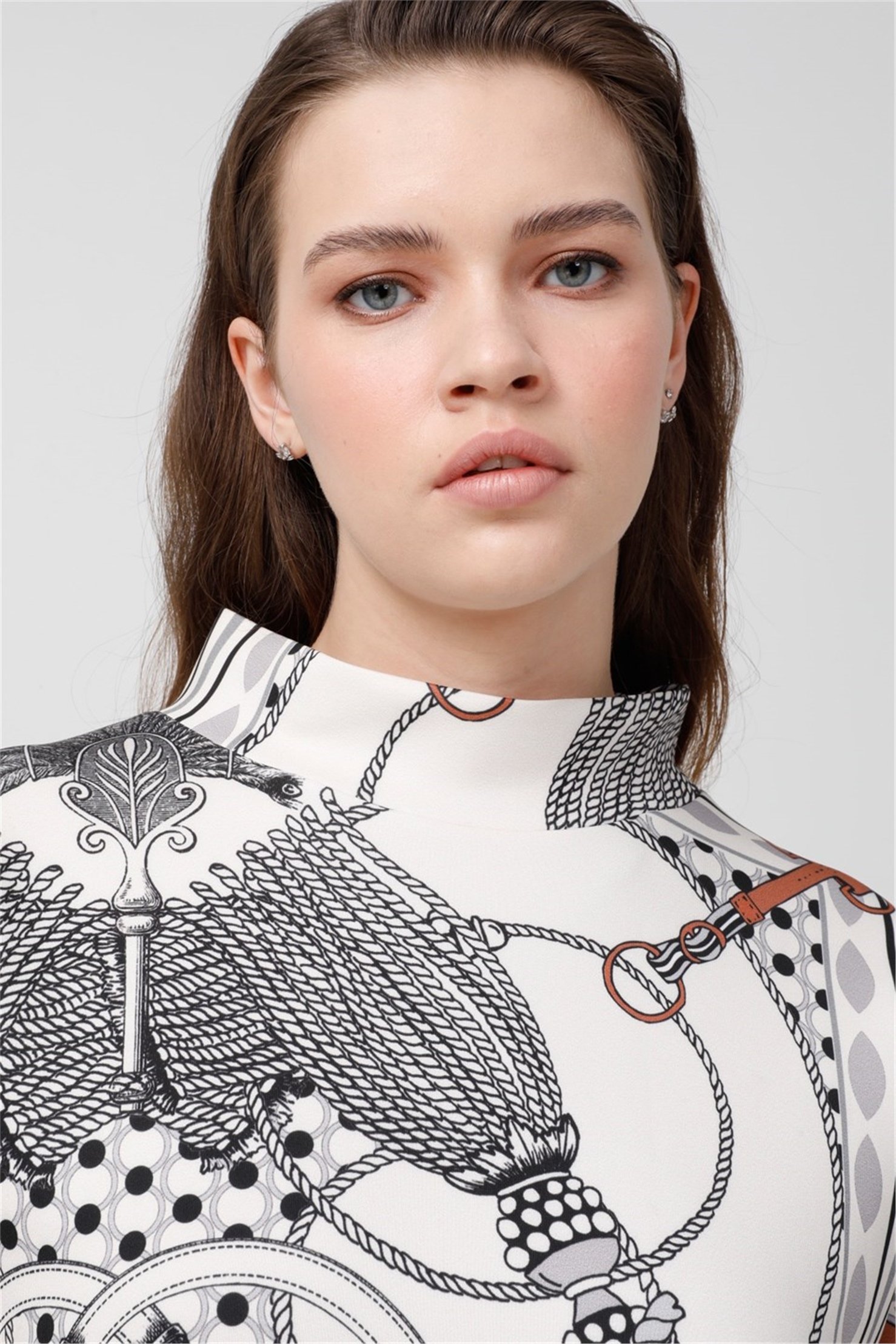 FAN SCARF PRINT LAPEL COLLAR TUNIC