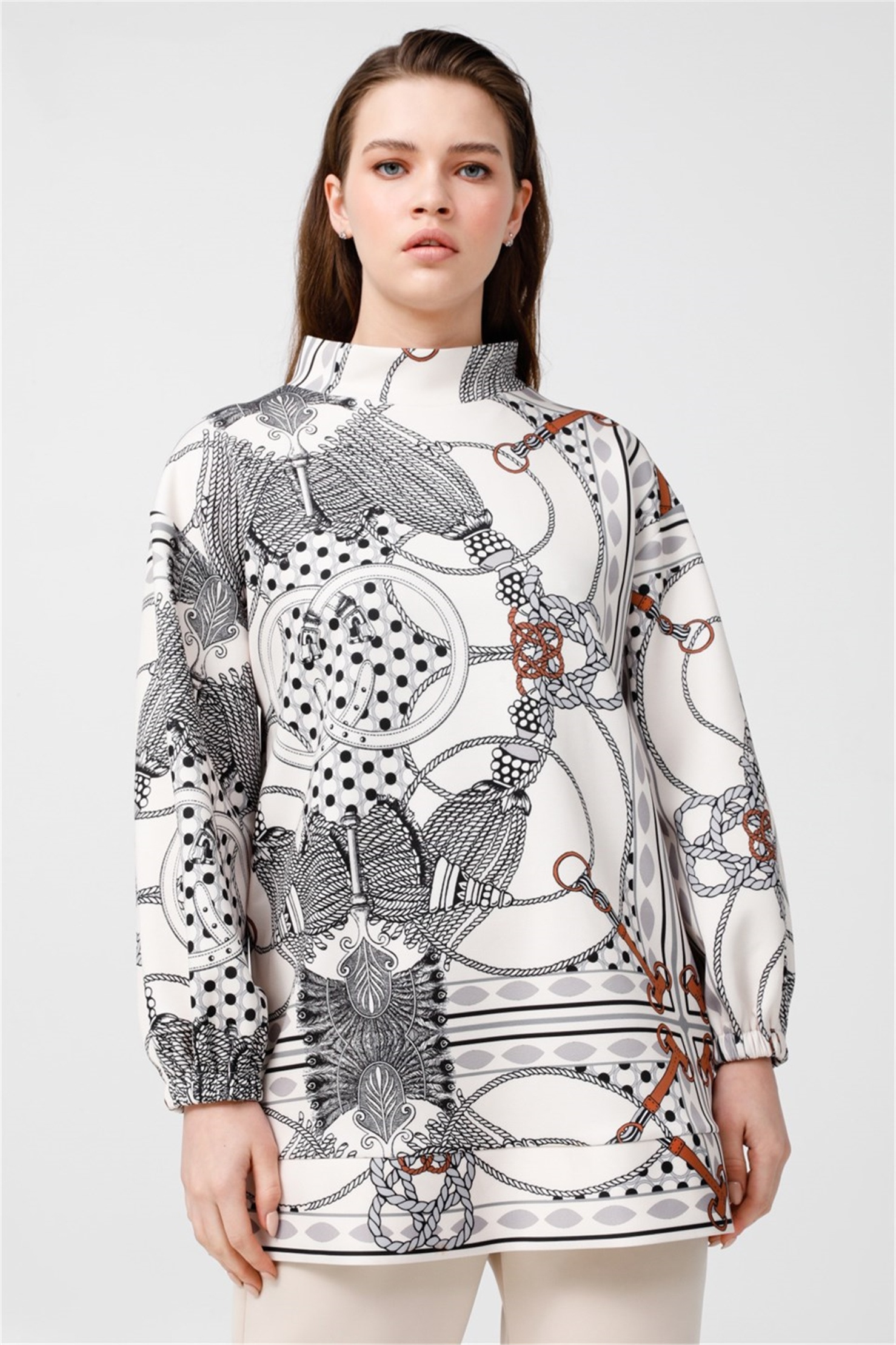 FAN SCARF PRINT LAPEL COLLAR TUNIC