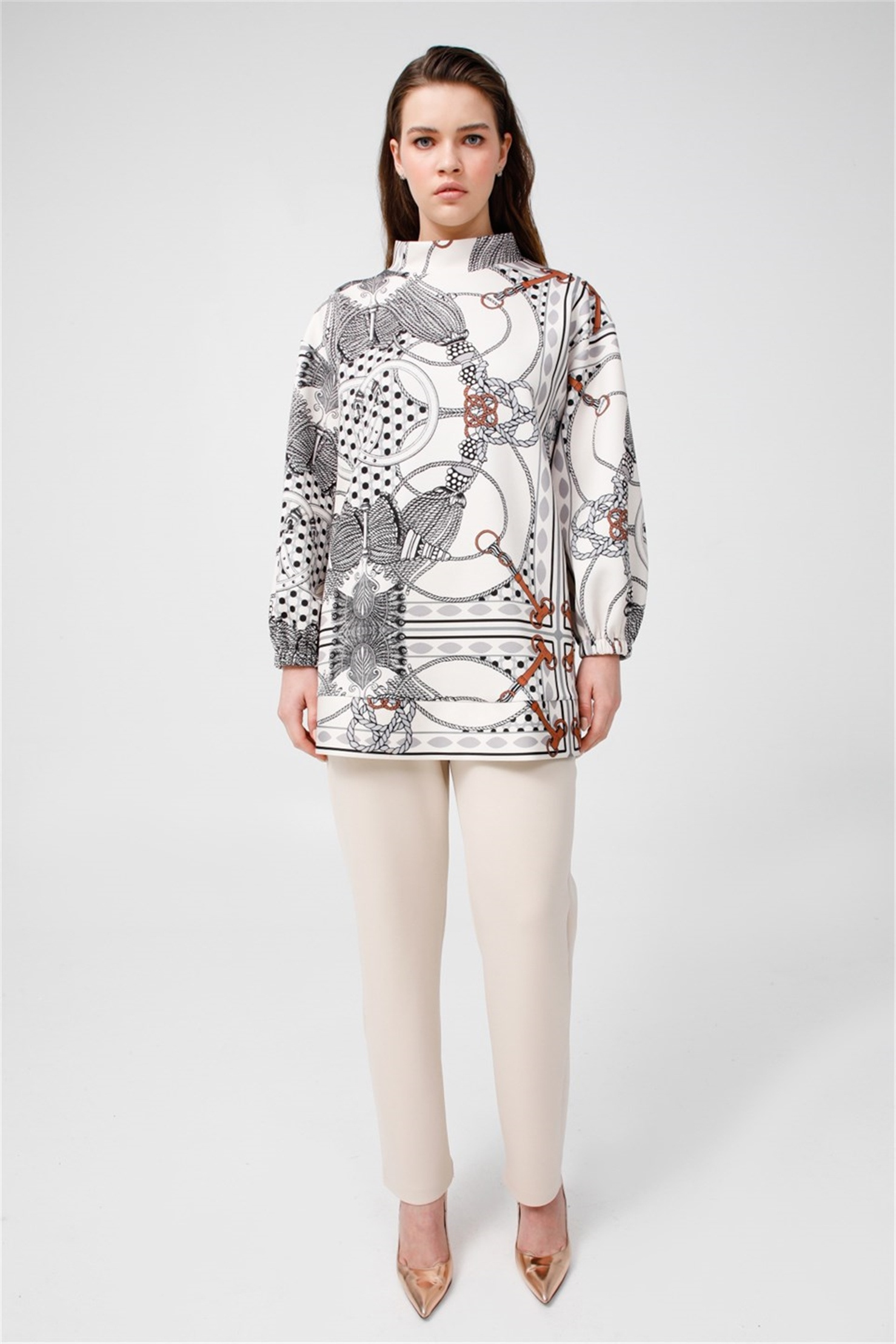 FAN SCARF PRINT LAPEL COLLAR TUNIC