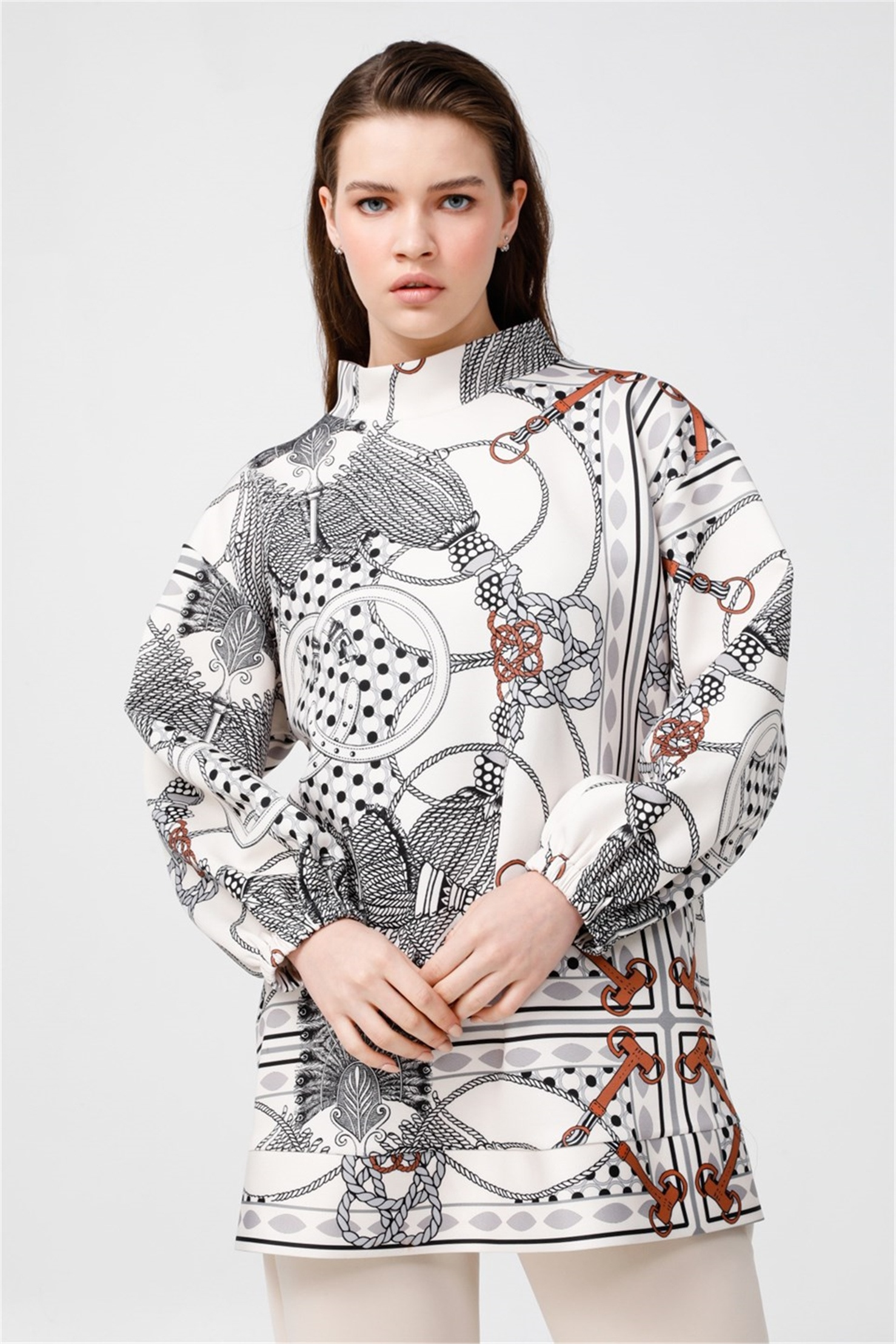 FAN SCARF PRINT LAPEL COLLAR TUNIC