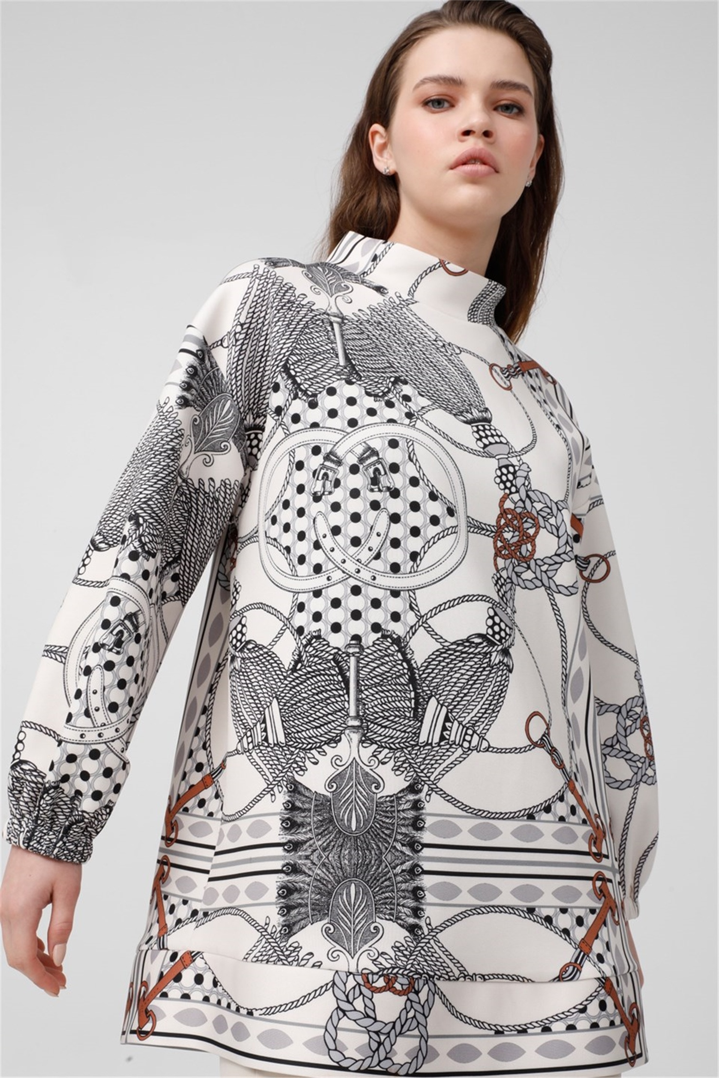 FAN SCARF PRINT LAPEL COLLAR TUNIC