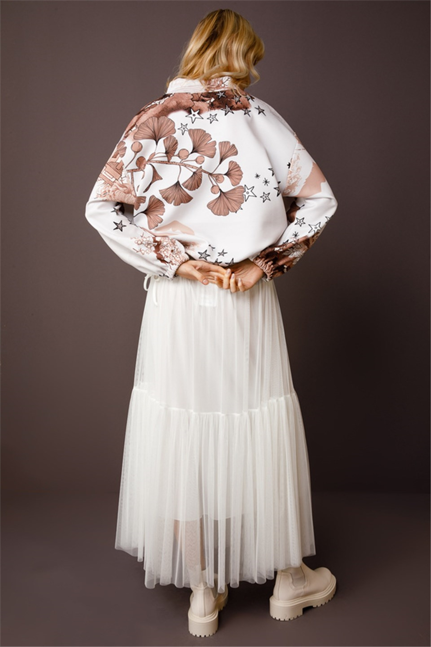 STAR FLOWER PRINT SHIRRED DETAILED LAPEL COLLAR TUNIC