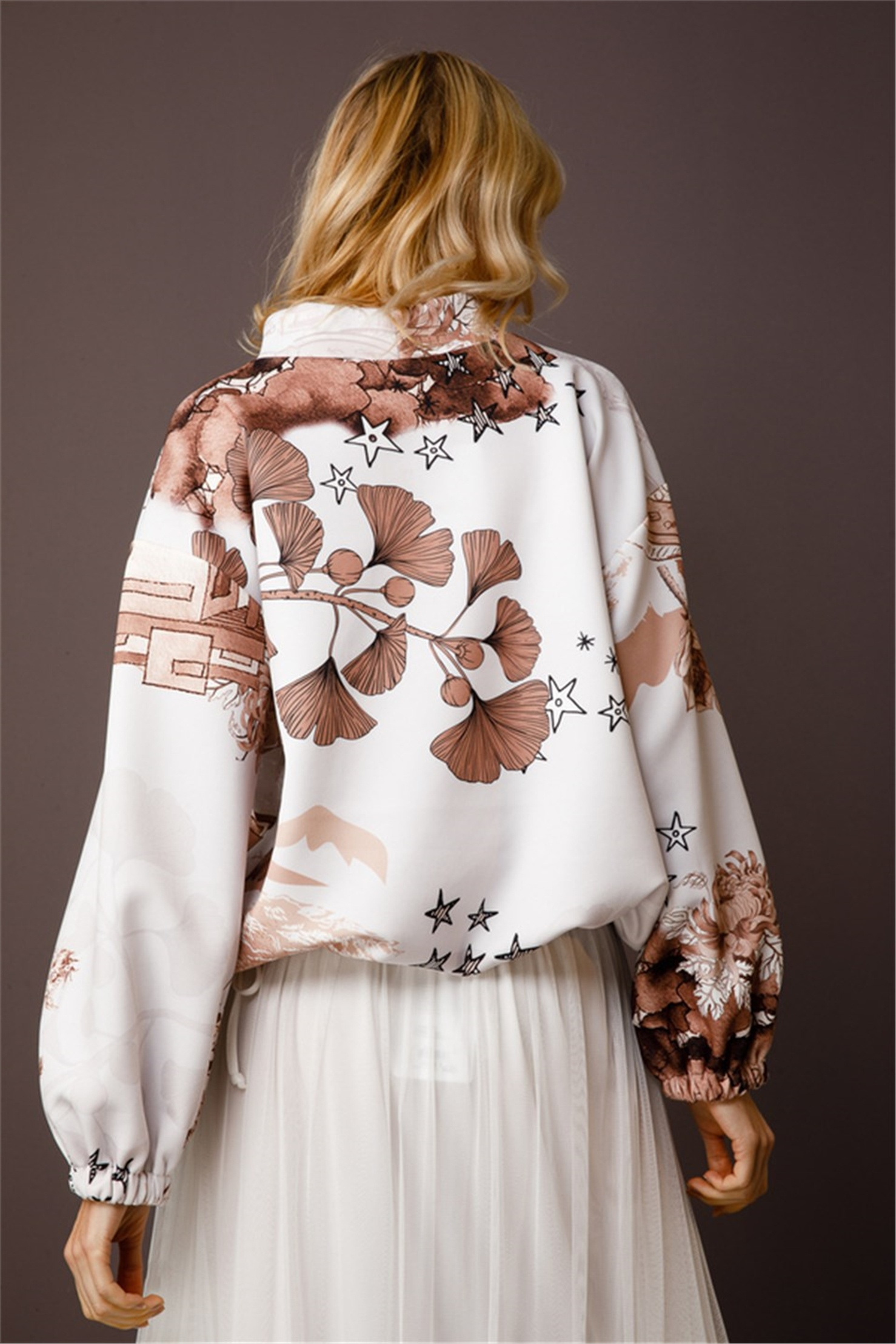 STAR FLOWER PRINT SHIRRED DETAILED LAPEL COLLAR TUNIC