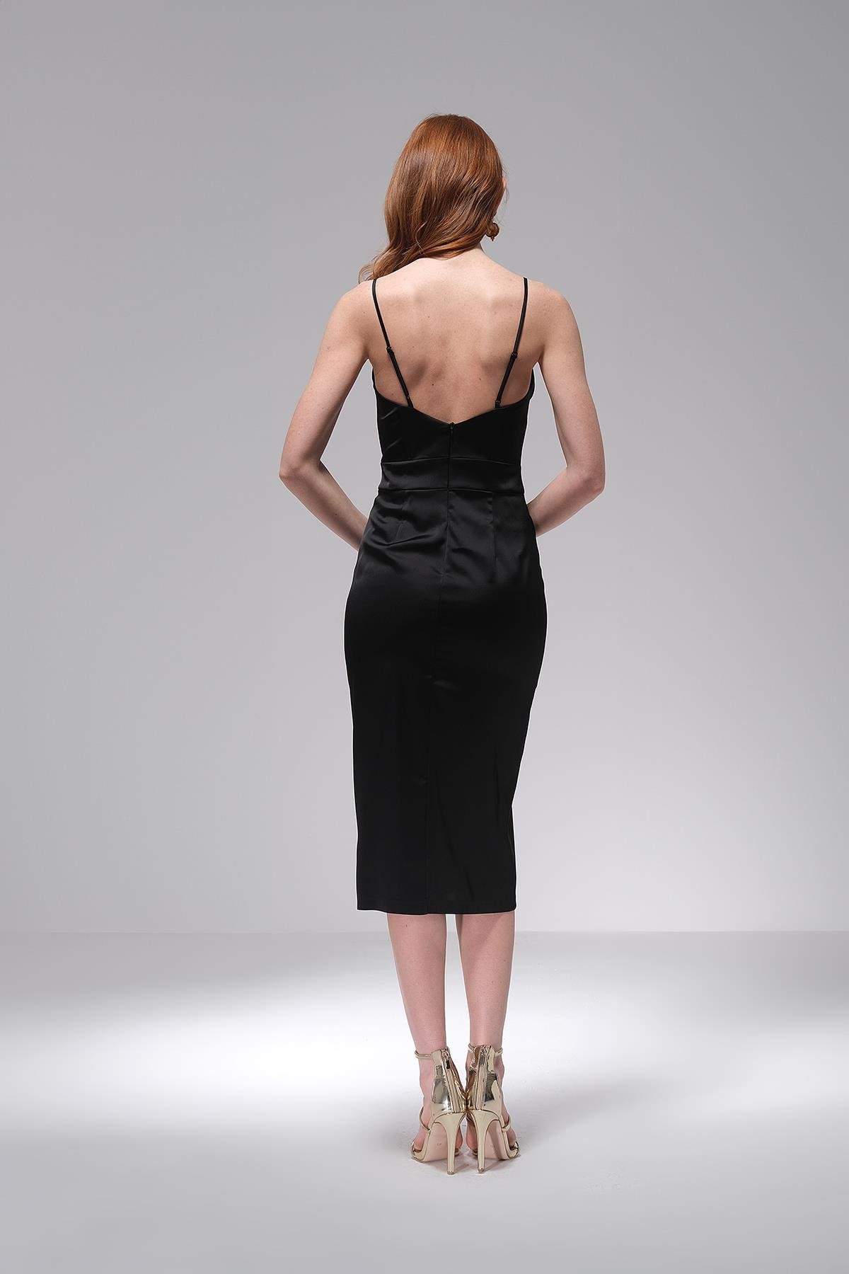 Askılı Saten Midi Boy Elbise