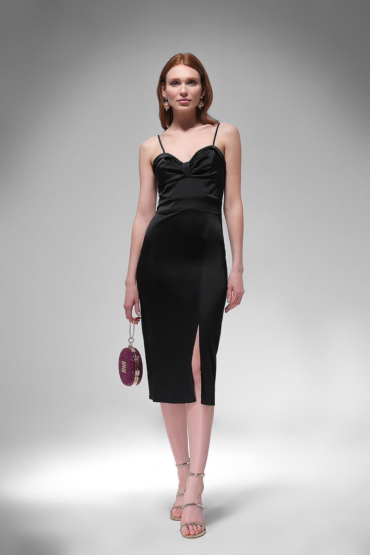 Askılı Saten Midi Boy Elbise