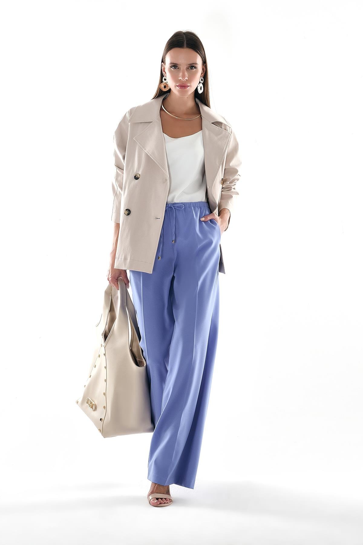 Beli Lastik Bel Bağlama Detaylı Bol Paça Rahat Kesim Yandan Cepli Pantolon