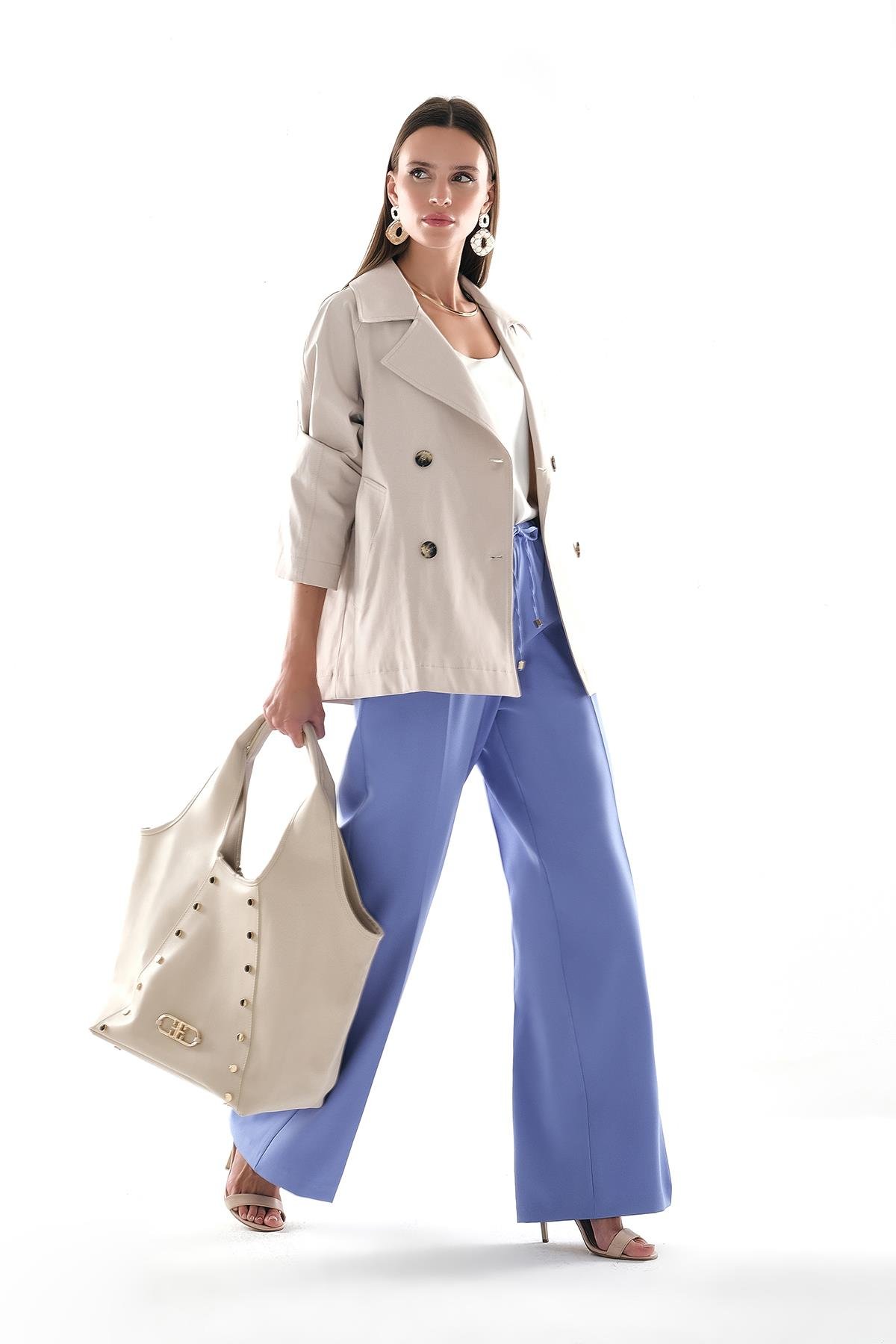 Beli Lastik Bel Bağlama Detaylı Bol Paça Rahat Kesim Yandan Cepli Pantolon