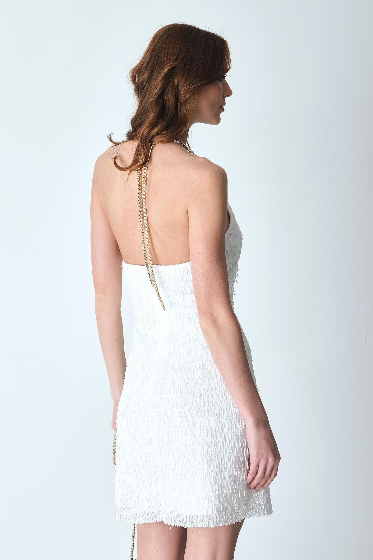 Boncuk Payet Halter Yakalı Boyundan Bağlamalı Gold Aksesuarlı Mini Elbise