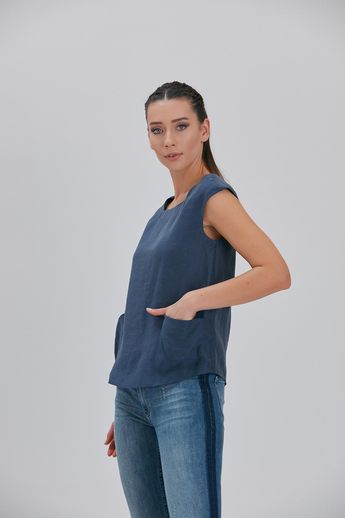 Cep Detaylı Keten Bluz
