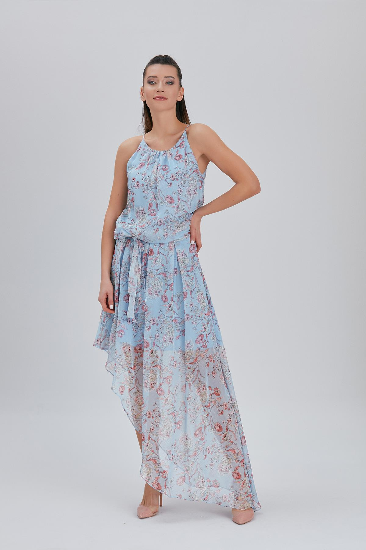 Çiçek Desenli, Halter Yakalı Elbise