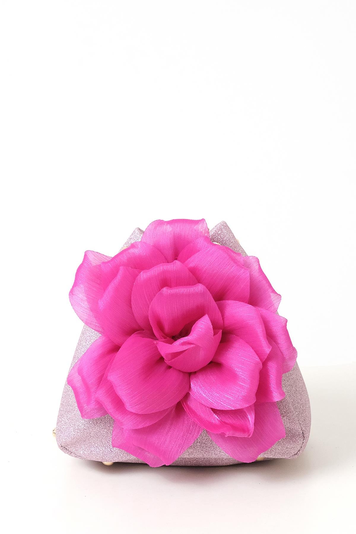 Çiçekli Simli Mini Bucket Çanta