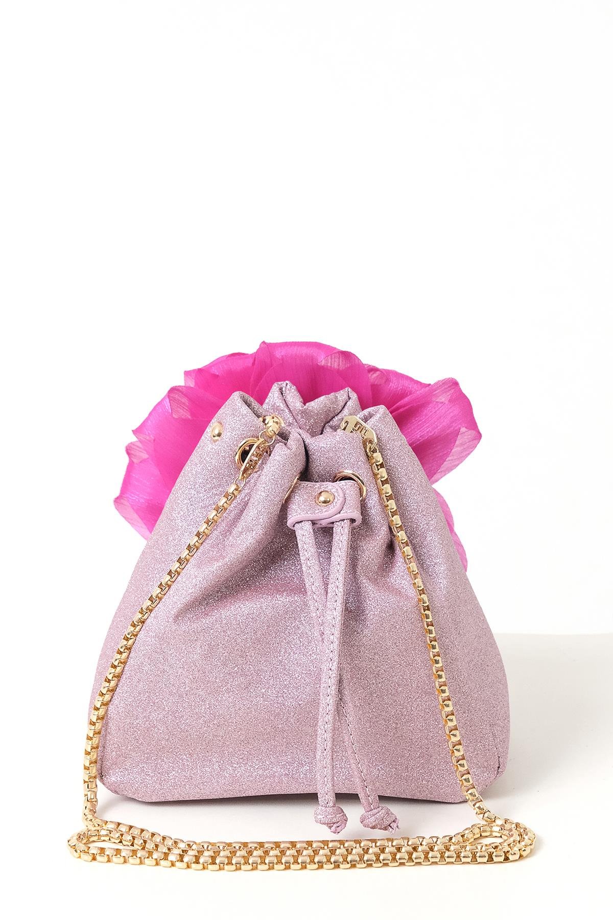 Çiçekli Simli Mini Bucket Çanta