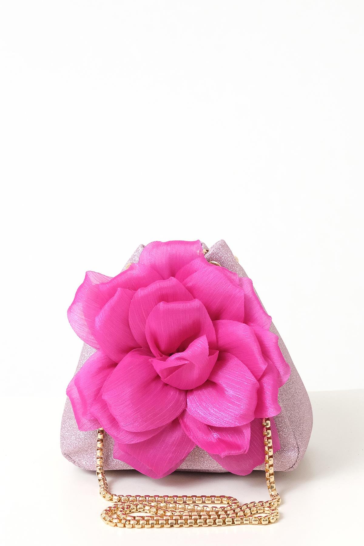 Çiçekli Simli Mini Bucket Çanta