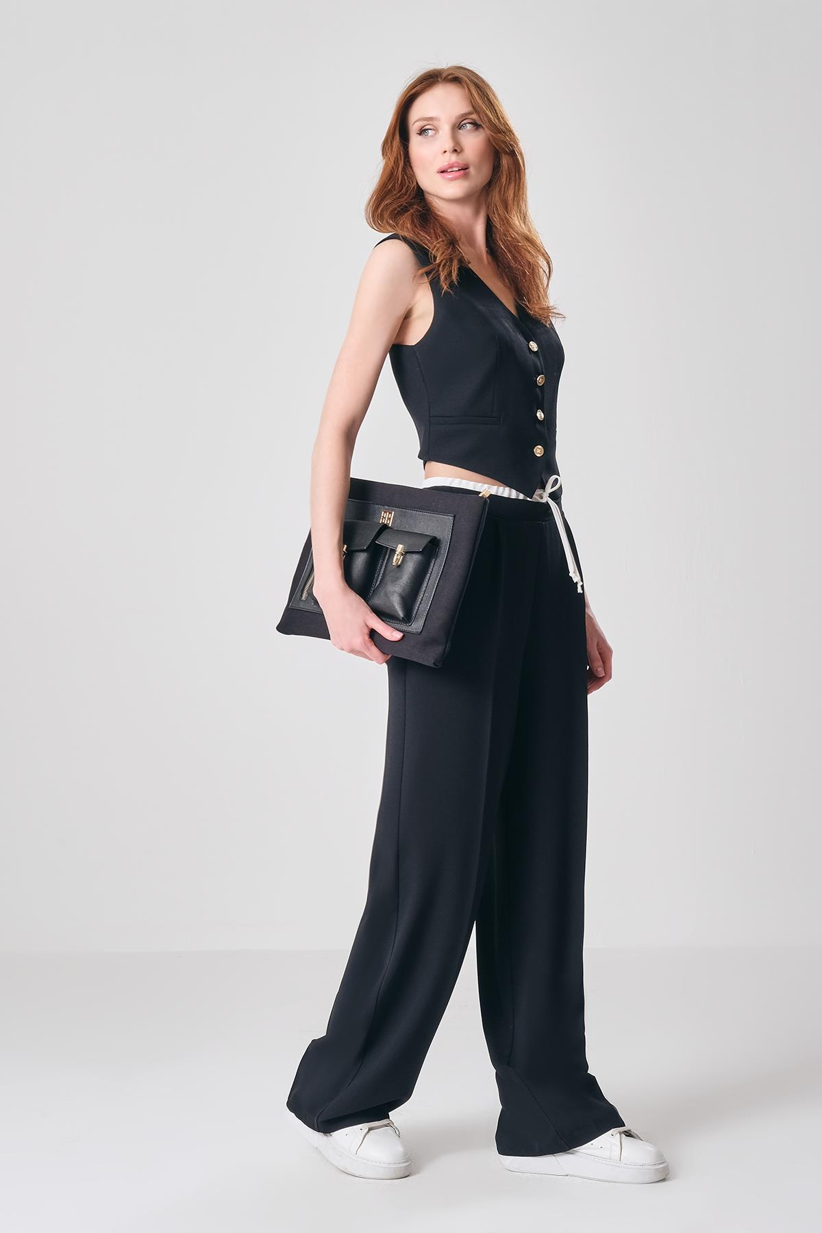 Çift Bel Bantlı Wide Leg Pantolon