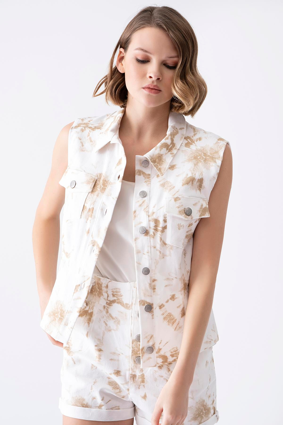 Denim Efektli Batik Desenli Yelek