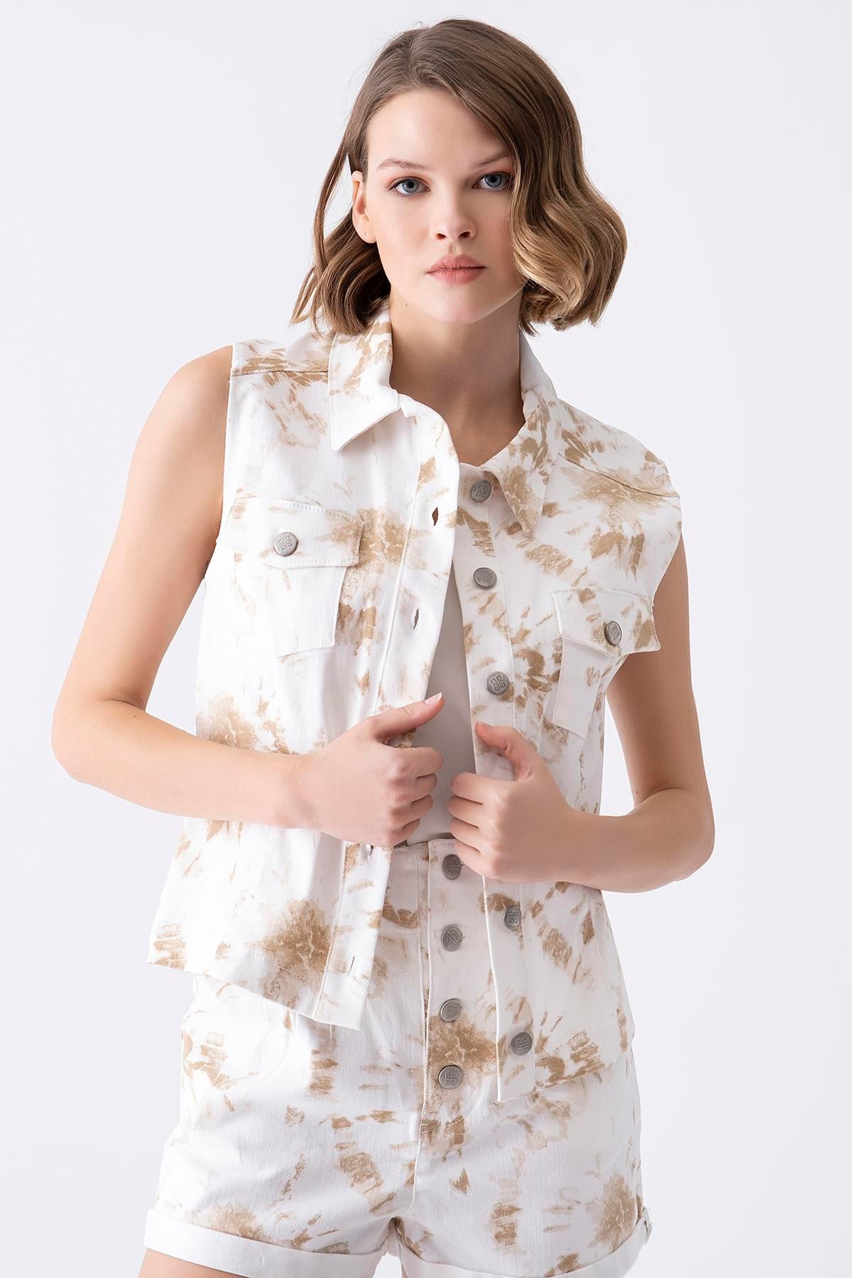 Denim Efektli Batik Desenli Yelek