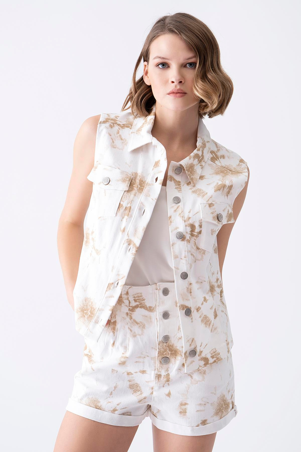 Denim Efektli Batik Desenli Yelek