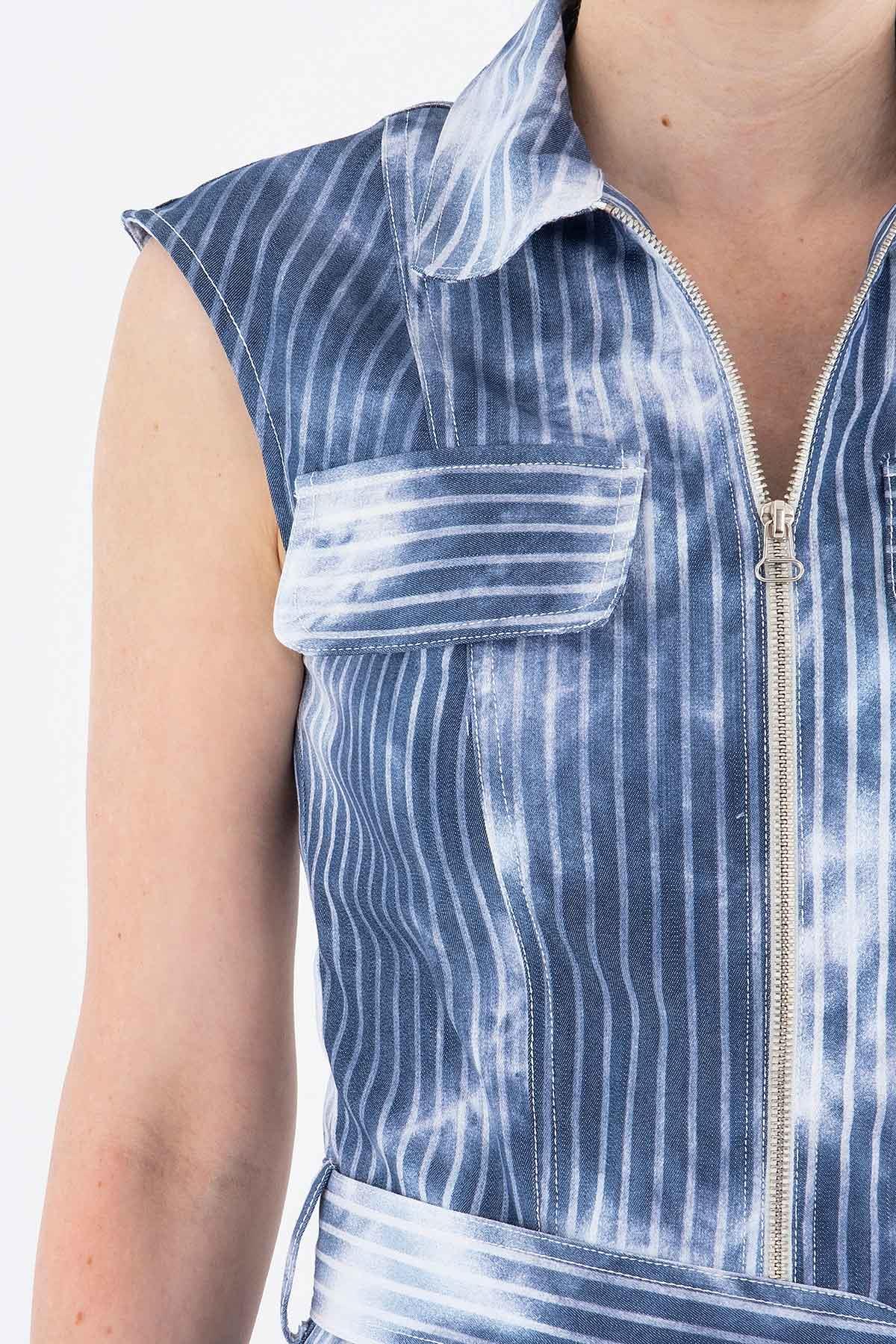 Denim Efektli Kuşaklı Elbise