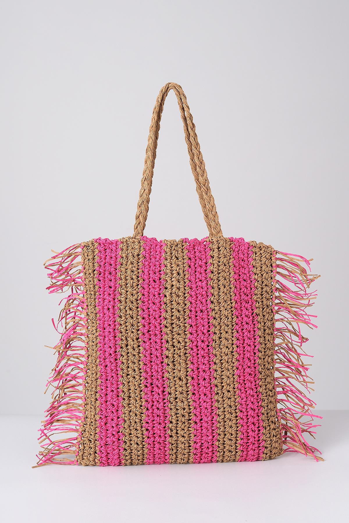 Deri Aksesuarlı El Örgü Plaj Günlük Çanta