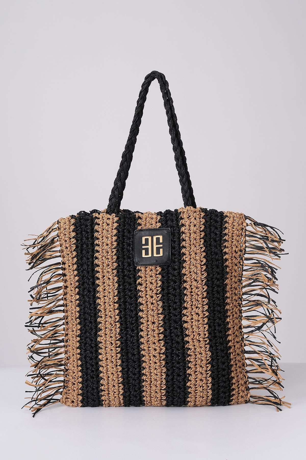 Deri Aksesuarlı El Örgü Plaj Günlük Çanta